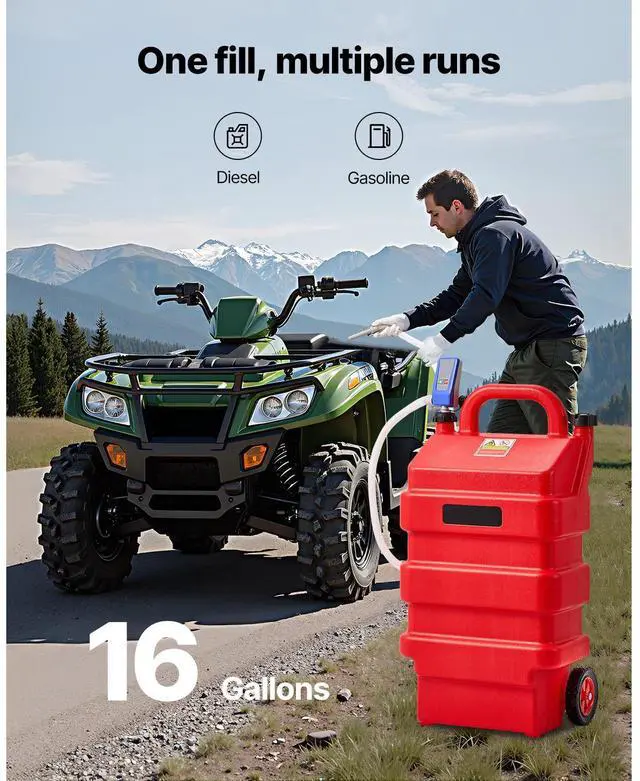 Alt view image 3 of 8 - VEVOR Fuel Caddy, 16 Gallon, Portable Fuel Tank with 12V DC 2.5 GPM Electric Fuel Transfer Pump, 4 ft Delivery Hose & Auto-Stop Sensor Nozzle, Tank Adapters, Suitable for Diesel & Gasoline, Red
