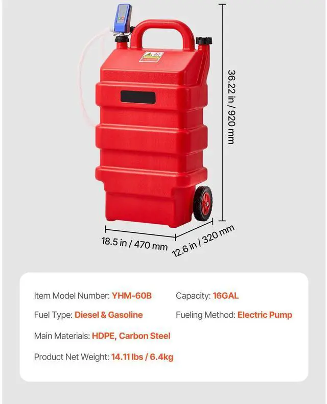 Alt view image 8 of 8 - VEVOR Fuel Caddy, 16 Gallon, Portable Fuel Tank with 12V DC 2.5 GPM Electric Fuel Transfer Pump, 4 ft Delivery Hose & Auto-Stop Sensor Nozzle, Tank Adapters, Suitable for Diesel & Gasoline, Red