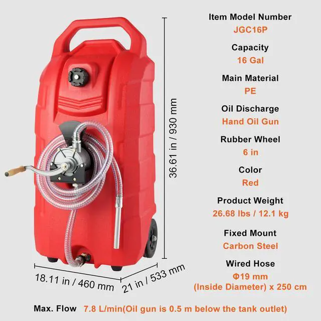 Alt view image 14 of 14 - VEVOR 16 Gallon Fuel Caddy, 7.8 L/min, Portable Gas Storage Tank Container with Hand Pump Rubber Wheels, Fuel Transfer Storage Tank for Gasoline Diesel Machine Oil Car Mowers Tractor Boat Motorcycle