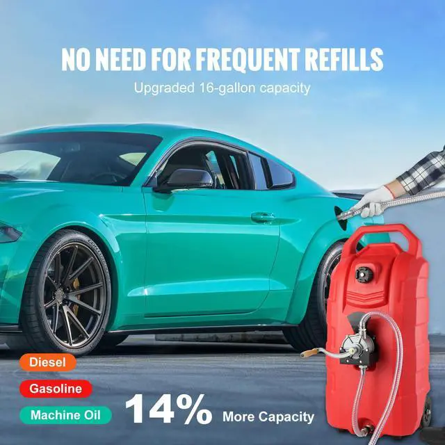 Alt view image 9 of 14 - VEVOR 16 Gallon Fuel Caddy, 7.8 L/min, Portable Gas Storage Tank Container with Hand Pump Rubber Wheels, Fuel Transfer Storage Tank for Gasoline Diesel Machine Oil Car Mowers Tractor Boat Motorcycle