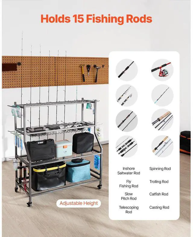 Alt view image 10 of 14 - 15 Pole Fishing Rod Holder Fishing Rack Cart Organizer with Wheels for Garage