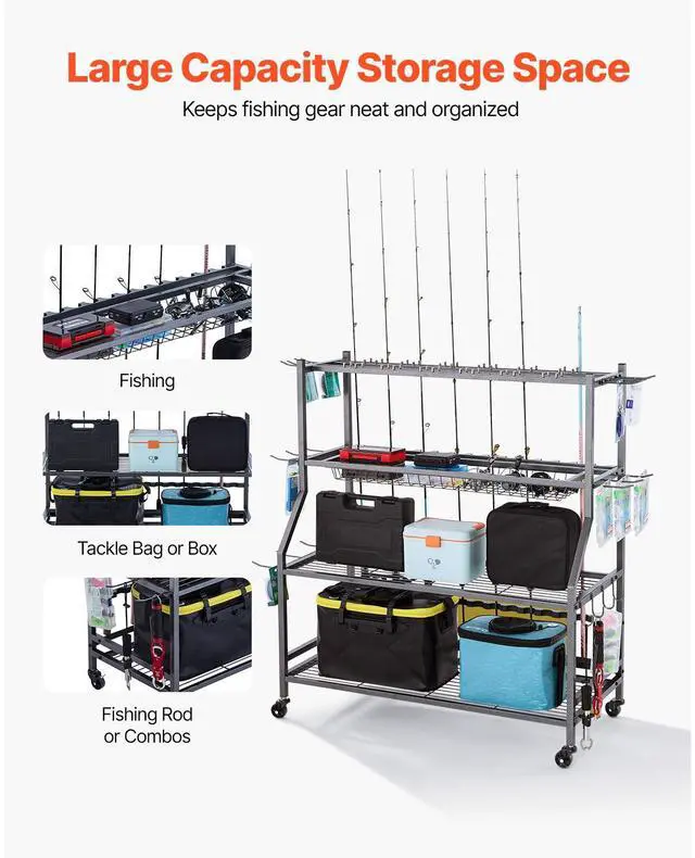 Alt view image 9 of 14 - 15 Pole Fishing Rod Holder Fishing Rack Cart Organizer with Wheels for Garage