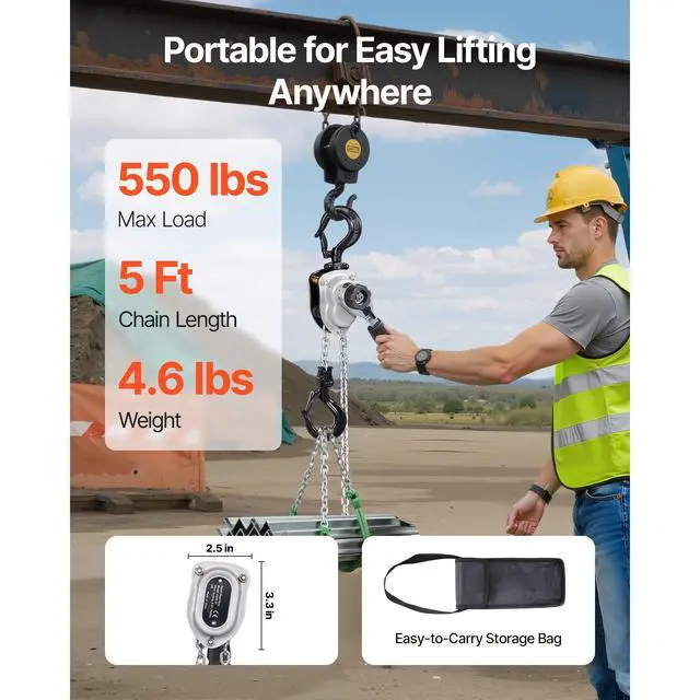 Alt view image 3 of 8 - VEVOR Manual Lever Chain Hoist, 1/4T 550LBS Capacity Heavy Duty Come Along, 5FT Lift G80 Alloy Steel Chain With Dual Pawl Mechanical Brake,360°Rotating Hooks, for Warehouse Construction Garage