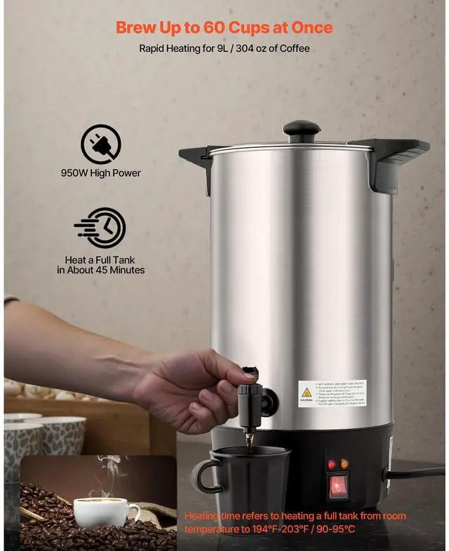 Alt view image 3 of 8 - VEVOR Commercial Coffee Urn, 60 Cup 9 L Hot Beverage Dispenser with Dripless Faucet, Quick-Brewing Stainless Steel Large Commercial Coffee Maker, for Catering, Business, Party, Church & Restaurant