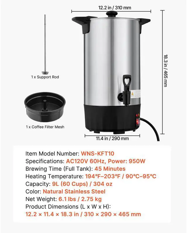 Alt view image 8 of 8 - VEVOR Commercial Coffee Urn, 60 Cup 9 L Hot Beverage Dispenser with Dripless Faucet, Quick-Brewing Stainless Steel Large Commercial Coffee Maker, for Catering, Business, Party, Church & Restaurant