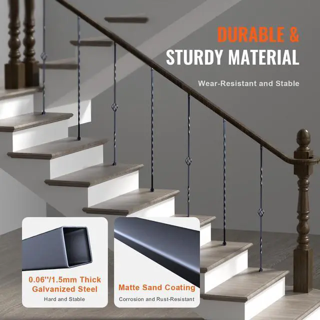 Alt view image 9 of 14 - VEVOR Staircase Metal Balusters, 44'' x 1/2" Galvanized Steel Decorative Banister Spindles, 10 Pack Deck Baluster with Hollow Single Baskets, Twists, Spiral Stair Railing w/ Shoes & Screws
