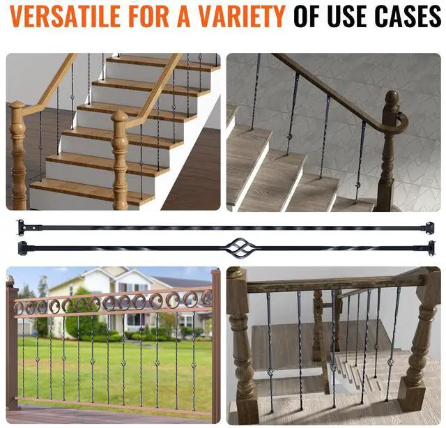Alt view image 13 of 14 - VEVOR Staircase Metal Balusters, 44'' x 1/2" Galvanized Steel Decorative Banister Spindles, 10 Pack Deck Baluster with Hollow Single Baskets, Twists, Spiral Stair Railing w/ Shoes & Screws