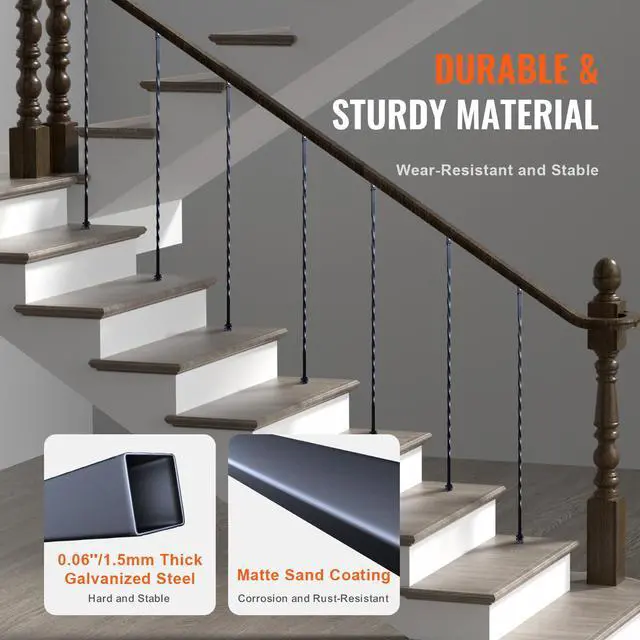 Alt view image 9 of 14 - VEVOR Staircase Metal Balusters, 44'' x 1/2" Galvanized Steel Decorative Banister Spindles, 10 Pack Deck Baluster with Hollow Twists, Satin Black Spiral Stair Railing with Shoes & Screws