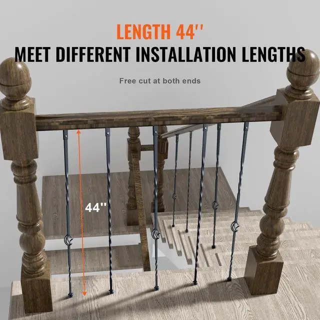 Alt view image 10 of 14 - VEVOR Staircase Metal Balusters, 44'' x 1/2" Galvanized Steel Decorative Banister Spindles, 10 Pack Deck Baluster with Hollow Single Baskets, Twists, Spiral Stair Railing w/ Shoes & Screws