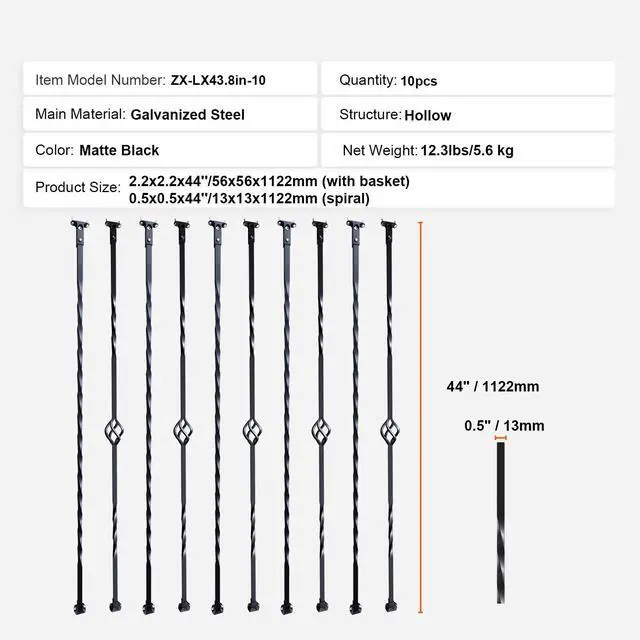 Alt view image 14 of 14 - VEVOR Staircase Metal Balusters, 44'' x 1/2" Galvanized Steel Decorative Banister Spindles, 10 Pack Deck Baluster with Hollow Single Baskets, Twists, Spiral Stair Railing w/ Shoes & Screws
