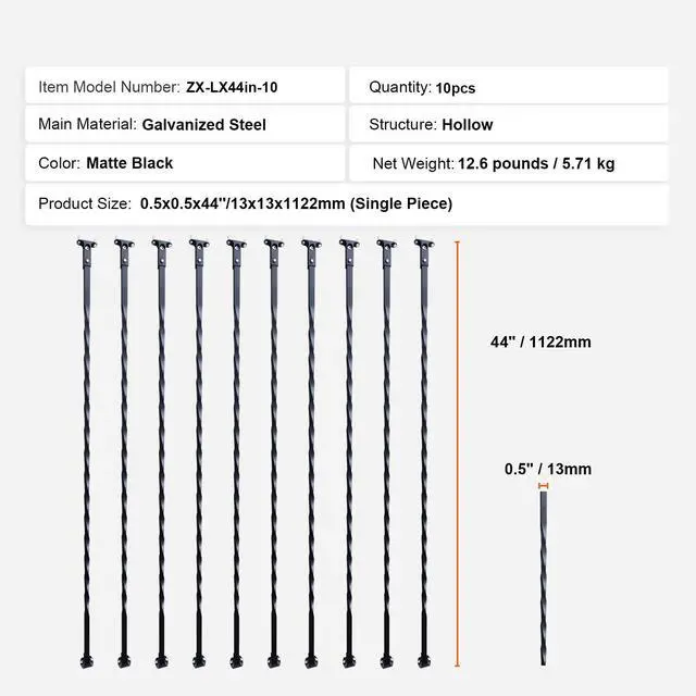 Alt view image 14 of 14 - VEVOR Staircase Metal Balusters, 44'' x 1/2" Galvanized Steel Decorative Banister Spindles, 10 Pack Deck Baluster with Hollow Twists, Satin Black Spiral Stair Railing with Shoes & Screws