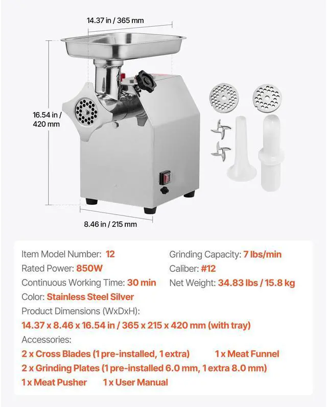 Alt view image 7 of 7 - Commercial Electric Meat Grinder, 7 lbs/min Capacity, #12 Industrial Meat Mincer with 2 Stainless Steel Blades, 2 Grinding Plates, 850W Heavy-Duty Sausage Maker Stuffer, for Kitchen, Restaurant
