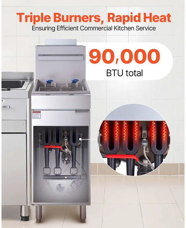 Alt view image 4 of 7 - Commercial Deep Fryer, 3-Burner Fryer for Restaurants, Stainless Steel Floor Standing Deep Fryers with Dual Baskets and Adjustable Temperature, Natural Gas Powered, 40 lbs Capacity, 90,000 BTU