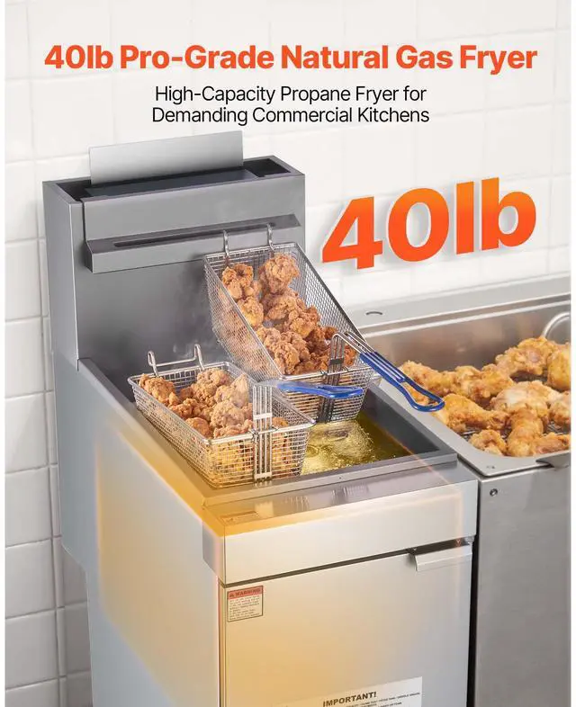 Alt view image 2 of 7 - Commercial Deep Fryer, 3-Burner Fryer for Restaurants, Stainless Steel Floor Standing Deep Fryers with Dual Baskets and Adjustable Temperature, Natural Gas Powered, 40 lbs Capacity, 90,000 BTU
