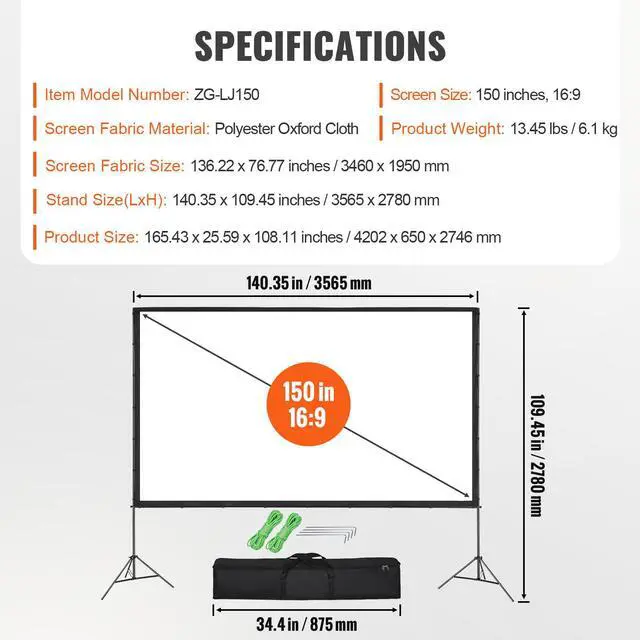 Alt view image 12 of 12 - VEVOR Projector Screen with Stand, 150 inch 16:9 4K 1080 HD Outdoor Movie Screen with Stand, Wrinkle-Free Projection Screen with Tripods and Carry Bag, for Home Theater Cinema Backyard Movie Night