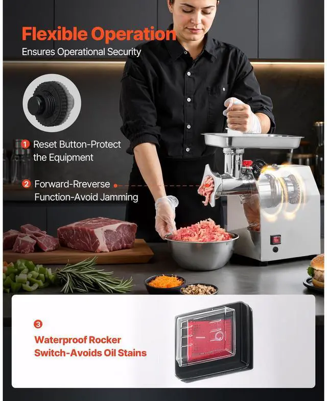 Alt view image 4 of 7 - Commercial Electric Meat Grinder, 7 lbs/min Capacity, #12 Industrial Meat Mincer with 2 Stainless Steel Blades, 2 Grinding Plates, 850W Heavy-Duty Sausage Maker Stuffer, for Kitchen, Restaurant