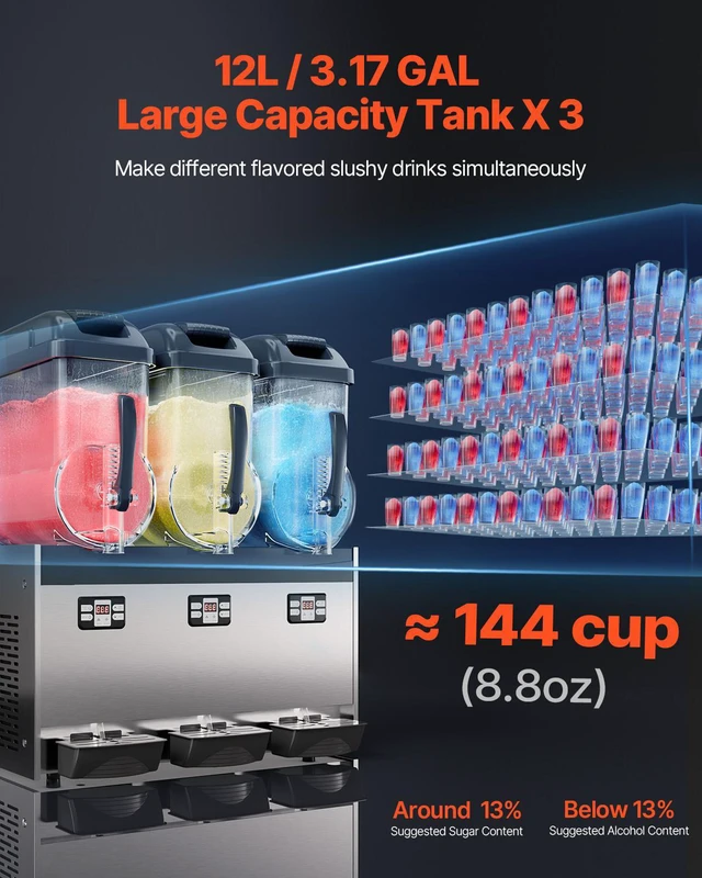 Alt view image 2 of 8 - Commercial Slushy Machine, 12Lx3 Triple Tank Frozen Drink Machine, 144 Cups Stainless Steel Margarita Smoothie Frozen Drink Maker, Slushie Maker for Home Party Restaurants Cafe Bars