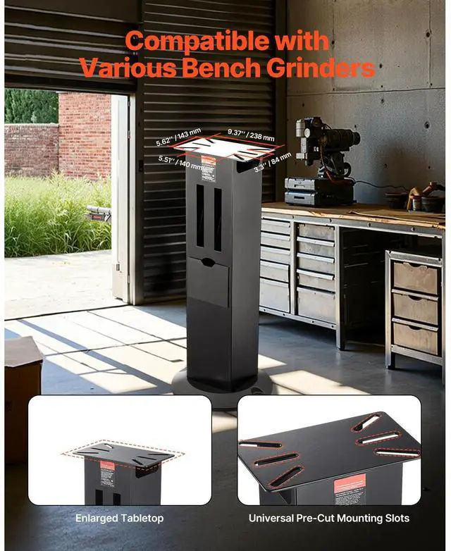 Alt view image 3 of 8 - VEVOR Bench Grinder Stand, Heavy-Duty Bench Grinder and Vise Floor Pedestal with 11" x 6.7" Mounting Plate, Grinding Wheel Storage Compartments & Cast Iron Base, Compatible with Most Bench Grinders