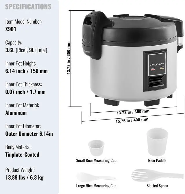Alt view image 9 of 9 - VEVOR  Commercial Rice Cooker 45-Cup Non-Stick Pot 9L 12H Keep Warm Restaurant