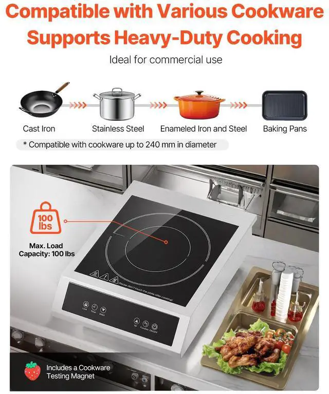 Alt view image 6 of 8 - Portable Commercial Induction Cooktop 3500W Countertop Burner 11 Temp Levels