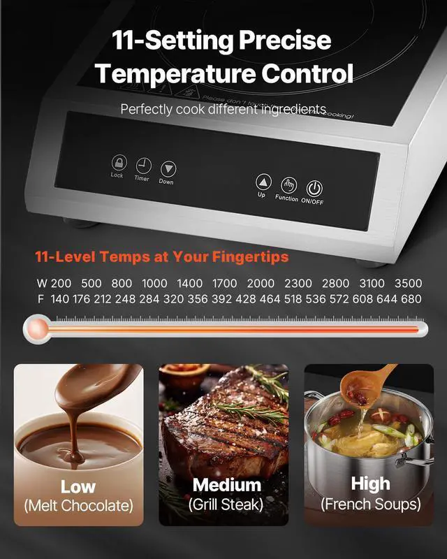 Alt view image 4 of 8 - Portable Commercial Induction Cooktop 3500W Countertop Burner 11 Temp Levels