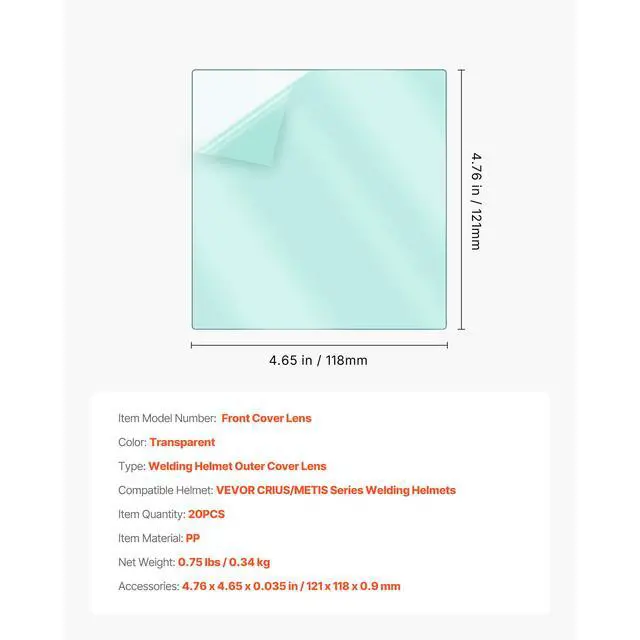Alt view image 8 of 8 - VEVOR Welding Helmet Outer Cover Lens 20PCS 4.76" x 4.65" Outer Replacement Lens