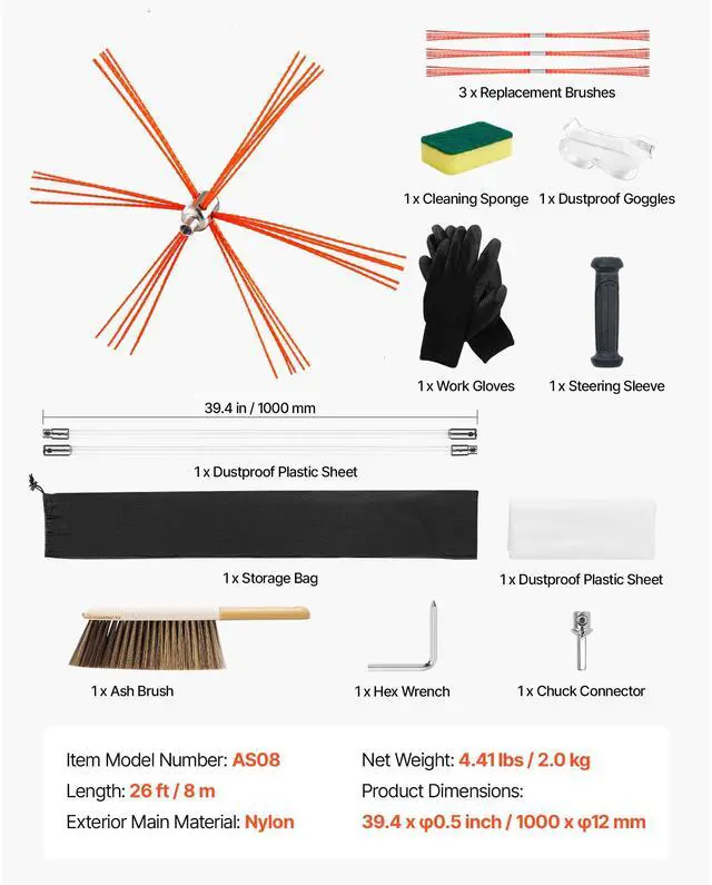 Alt view image 8 of 8 - VEVOR Chimney Sweep Kit, 26 ft Maximum Extendable Length Chimney Brush, Chimneys Cleaning Kit with Bristle Replacements & Goggles, 90° Bendable Fireplace Cleaning Tool, for Square, Rectangle Chimneys