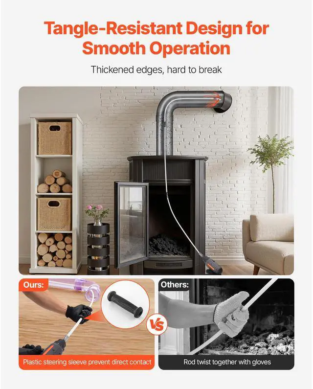 Alt view image 5 of 8 - VEVOR Chimney Sweep Kit, 26 ft Maximum Extendable Length Chimney Brush, Chimneys Cleaning Kit with Bristle Replacements & Goggles, 90° Bendable Fireplace Cleaning Tool, for Square, Rectangle Chimneys