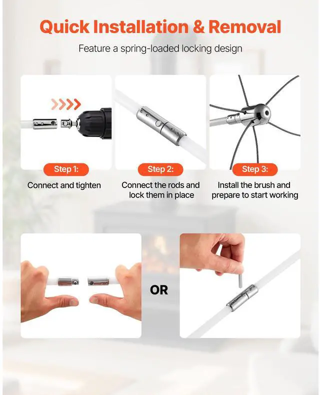 Alt view image 6 of 8 - VEVOR Chimney Sweep Kit, 23 ft Maximum Extendable Length Chimney Brush, Chimney Cleaner Sweeper with Dual Brush Heads, Brush & Goggles, Fireplace Cleaning Tool for Square, Rectangle, Arch Chimneys