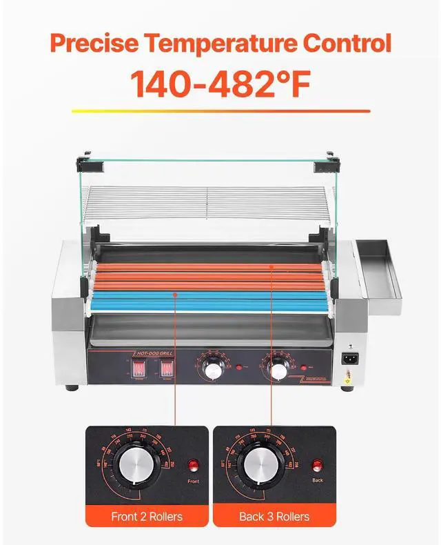 Alt view image 4 of 8 - VEVOR Hot Dog Roller, 12 Hot Dog 5 Rollers, Stainless Steel Sausage Grill Cooker, 750W Commercial Hot Dog Machine with Dual Temp Control, Cover, Side Storage Box, Removable Shelf & Oil Drip Tray