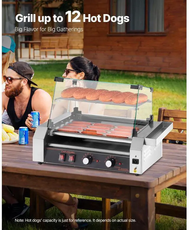 Alt view image 3 of 8 - VEVOR Hot Dog Roller, 12 Hot Dog 5 Rollers, Stainless Steel Sausage Grill Cooker, 750W Commercial Hot Dog Machine with Dual Temp Control, Cover, Side Storage Box, Removable Shelf & Oil Drip Tray