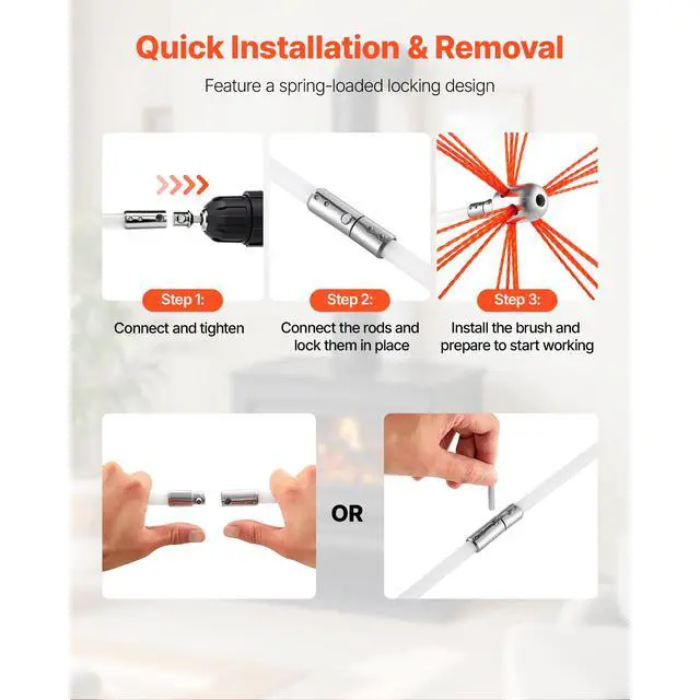 Alt view image 6 of 8 - VEVOR Chimney Sweep Kit, 23 ft Maximum Extendable Length Chimney Brush, Chimneys Cleaning Kit with Bristle Replacements & Goggles, 90° Bendable Fireplace Cleaning Tool, for Square, Rectangle Chimneys