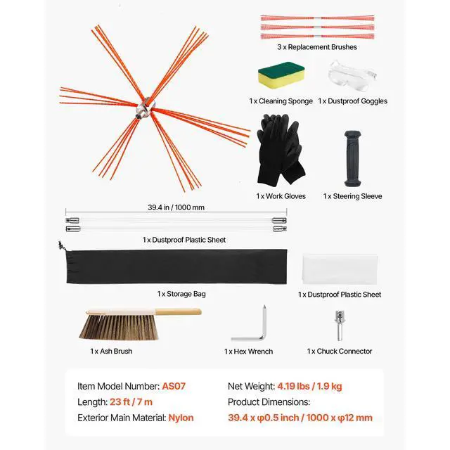 Alt view image 8 of 8 - VEVOR Chimney Sweep Kit, 23 ft Maximum Extendable Length Chimney Brush, Chimneys Cleaning Kit with Bristle Replacements & Goggles, 90° Bendable Fireplace Cleaning Tool, for Square, Rectangle Chimneys