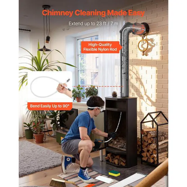 Alt view image 4 of 8 - VEVOR Chimney Sweep Kit, 23 ft Maximum Extendable Length Chimney Brush, Chimneys Cleaning Kit with Bristle Replacements & Goggles, 90° Bendable Fireplace Cleaning Tool, for Square, Rectangle Chimneys