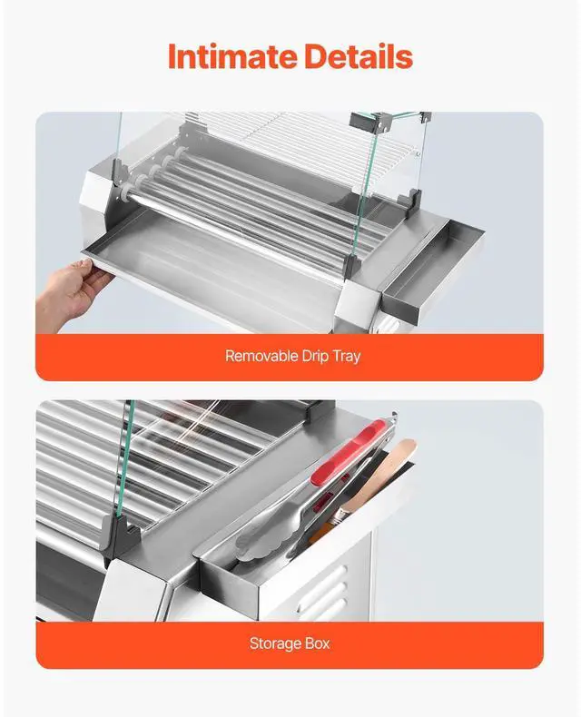 Alt view image 6 of 8 - VEVOR Hot Dog Roller, 12 Hot Dog 5 Rollers, Stainless Steel Sausage Grill Cooker, 750W Commercial Hot Dog Machine with Dual Temp Control, Cover, Side Storage Box, Removable Shelf & Oil Drip Tray