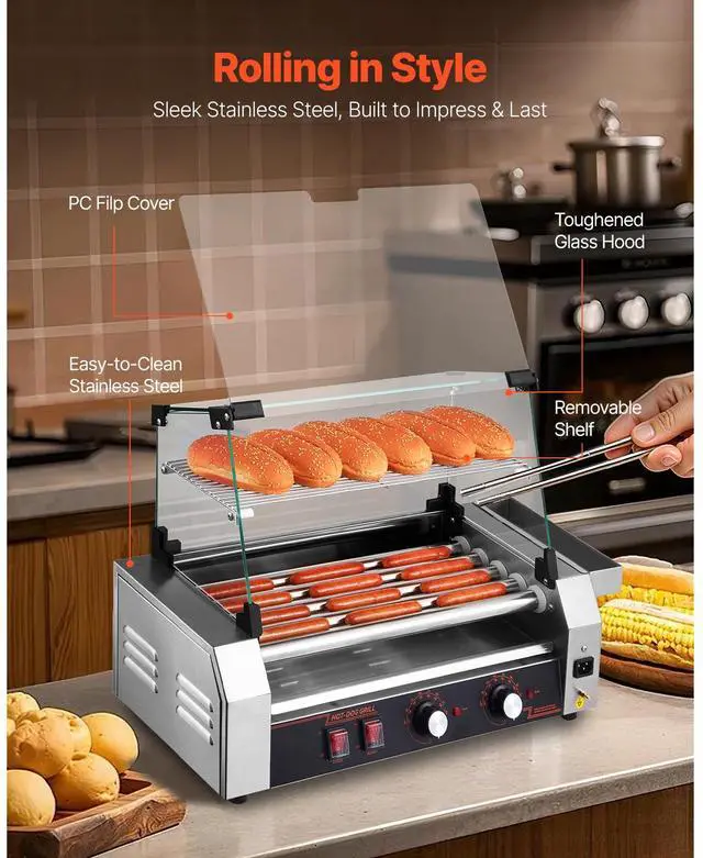Alt view image 5 of 8 - VEVOR Hot Dog Roller, 12 Hot Dog 5 Rollers, Stainless Steel Sausage Grill Cooker, 750W Commercial Hot Dog Machine with Dual Temp Control, Cover, Side Storage Box, Removable Shelf & Oil Drip Tray