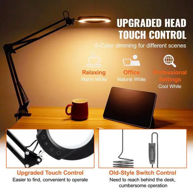 Alt view image 9 of 14 - VEVOR Magnifying Glass with Light and Stand, 5X Magnifying Lamp, 4.3" Glass Lens, Base and Clamp 2-in-1 Desk Magnifier with Light, 64 LED Lights 5 Color Modes, for Close Work Reading Repair Crafts