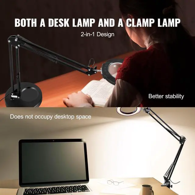 Alt view image 13 of 14 - VEVOR Magnifying Glass with Light and Stand, 5X Magnifying Lamp, 4.3" Glass Lens, Base and Clamp 2-in-1 Desk Magnifier with Light, 64 LED Lights 5 Color Modes, for Close Work Reading Repair Crafts