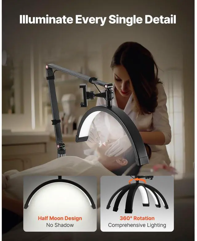Alt view image 3 of 7 - Half Moon Light for Esthetician, 2 in 1 LED Floor and Desk Lamp Lash Light for Eyelash Extensions, Arched Eyelash Lamp with Phone Holder, Remote Control, for Beauty, Skincare, Eyebrows, Tattoo