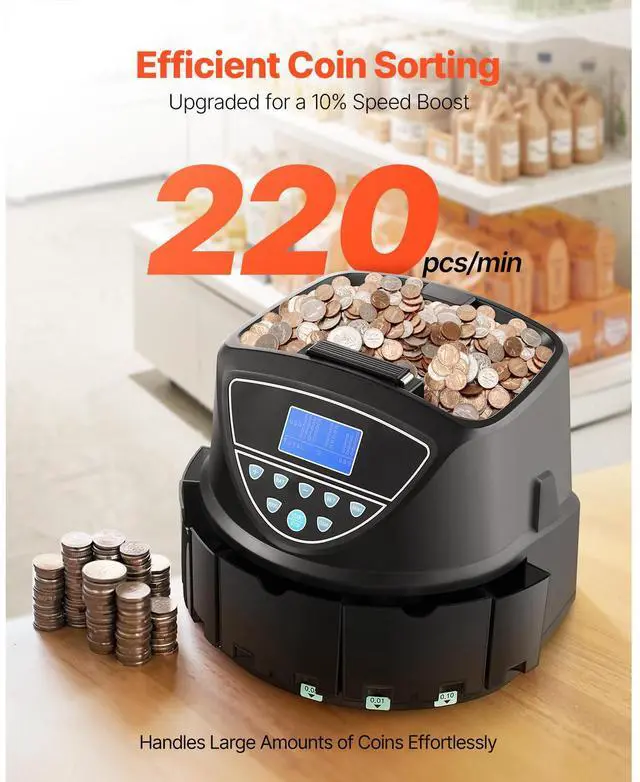 Alt view image 4 of 9 - VEVOR Upgraded Coin Counter & Sorter, Coin Sorter and Wrapper Machine with Intuitive Display, Change Counter for USD Coins 1 5 10 25 $1, Sorts up to 300 Coins/Min, with 5 Coin Tubes and 5 Trays