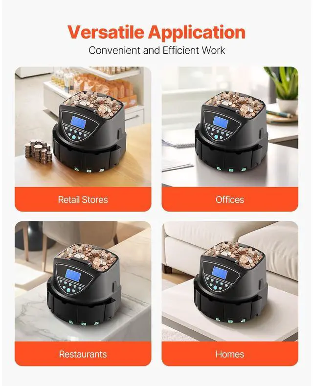 Alt view image 8 of 9 - VEVOR Upgraded Coin Counter & Sorter, Coin Sorter and Wrapper Machine with Intuitive Display, Change Counter for USD Coins 1 5 10 25 $1, Sorts up to 300 Coins/Min, with 5 Coin Tubes and 5 Trays