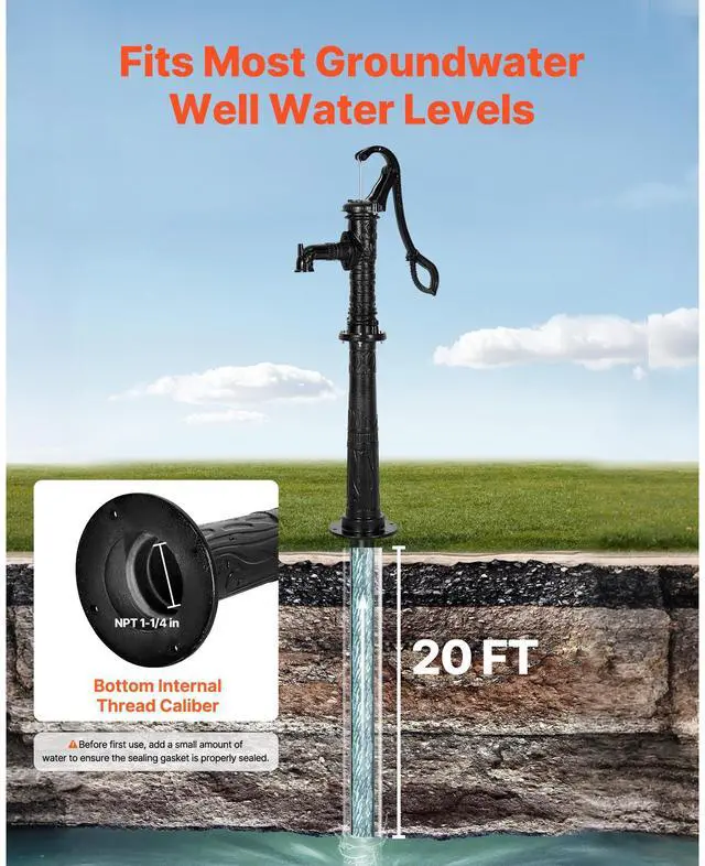 Alt view image 3 of 8 - VEVOR Well Hand Pitcher Pump, 20 ft Max Lift, Antique Cast Iron Manual Hand Water Pump with Heightening Base, NPT 1-1/4 in Connection, Easy Installation, for Outdoor Garden, Pond, Yard, Farm, Black