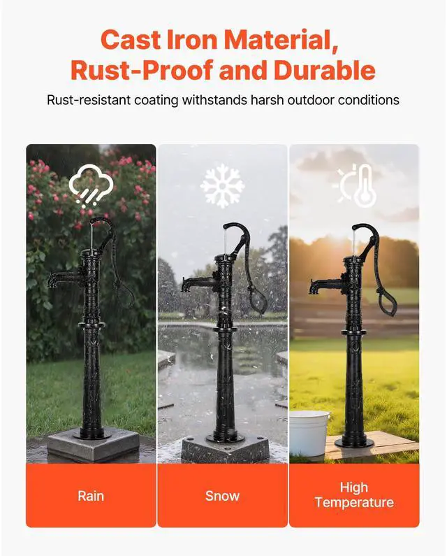 Alt view image 4 of 8 - VEVOR Well Hand Pitcher Pump, 20 ft Max Lift, Antique Cast Iron Manual Hand Water Pump with Heightening Base, NPT 1-1/4 in Connection, Easy Installation, for Outdoor Garden, Pond, Yard, Farm, Black