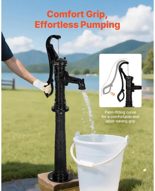 Alt view image 5 of 8 - VEVOR Well Hand Pitcher Pump, 20 ft Max Lift, Antique Cast Iron Manual Hand Water Pump with Heightening Base, NPT 1-1/4 in Connection, Easy Installation, for Outdoor Garden, Pond, Yard, Farm, Black