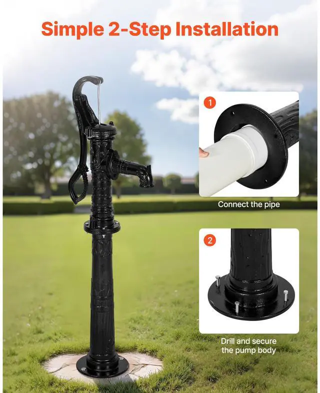 Alt view image 6 of 8 - VEVOR Well Hand Pitcher Pump, 20 ft Max Lift, Antique Cast Iron Manual Hand Water Pump with Heightening Base, NPT 1-1/4 in Connection, Easy Installation, for Outdoor Garden, Pond, Yard, Farm, Black