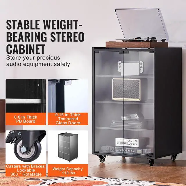 Alt view image 9 of 14 - VEVOR  5-Tier AV Media Stand with Wheels, Wooden Audio-Video Media Stand for DVD Players/Cable Boxes/Games Consoles, Height-Adjustable Media Storage Cabinet for Gaming, Recording Room, Black