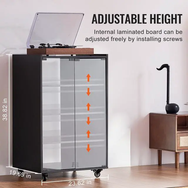 Alt view image 11 of 14 - VEVOR  5-Tier AV Media Stand with Wheels, Wooden Audio-Video Media Stand for DVD Players/Cable Boxes/Games Consoles, Height-Adjustable Media Storage Cabinet for Gaming, Recording Room, Black