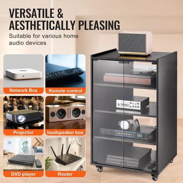 Alt view image 13 of 14 - VEVOR  5-Tier AV Media Stand with Wheels, Wooden Audio-Video Media Stand for DVD Players/Cable Boxes/Games Consoles, Height-Adjustable Media Storage Cabinet for Gaming, Recording Room, Black