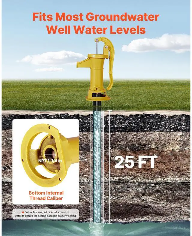 Alt view image 3 of 8 - VEVOR Well Hand Pitcher Pump, 25 ft Maximum Lift, Antique Cast Iron Manual Hand Water Pump, NPT 1-1/4 in Connection, Easy Installation, Old Fashioned for Outdoor Garden, Pond, Backyard, Farm, Yellow