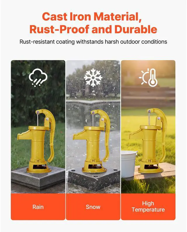 Alt view image 4 of 8 - VEVOR Well Hand Pitcher Pump, 25 ft Maximum Lift, Antique Cast Iron Manual Hand Water Pump, NPT 1-1/4 in Connection, Easy Installation, Old Fashioned for Outdoor Garden, Pond, Backyard, Farm, Yellow